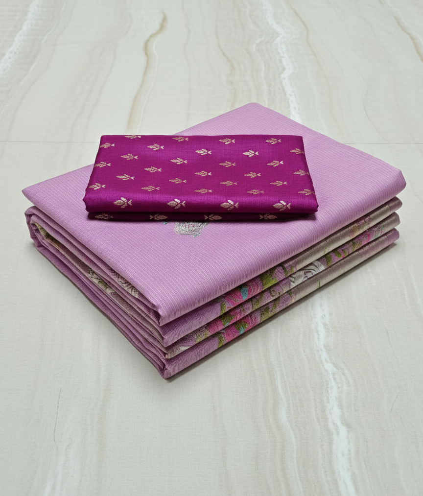 Stack of purple fabric sheets on a light marble surface