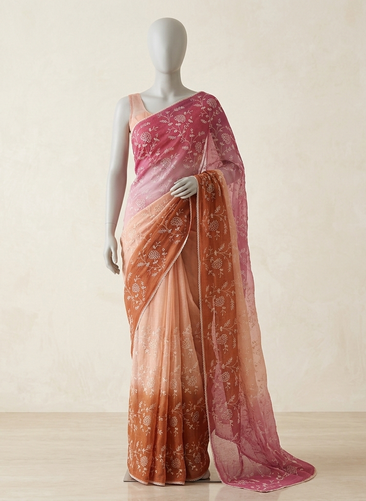 Mannequin wearing a pink and orange gradient saree with intricate patterns on a beige background