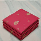 Pink and blue sarees with gold patterns on a white background