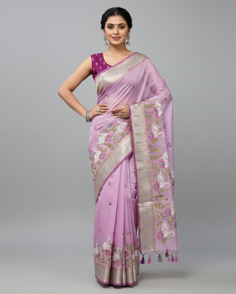 Woman wearing a pink saree with floral patterns on a gray background