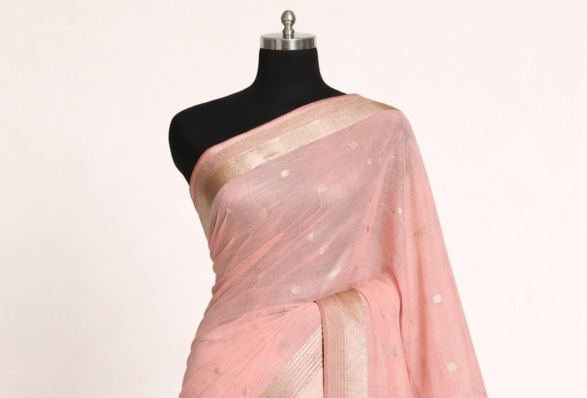 Pink kota silk saree draped to a mannequin