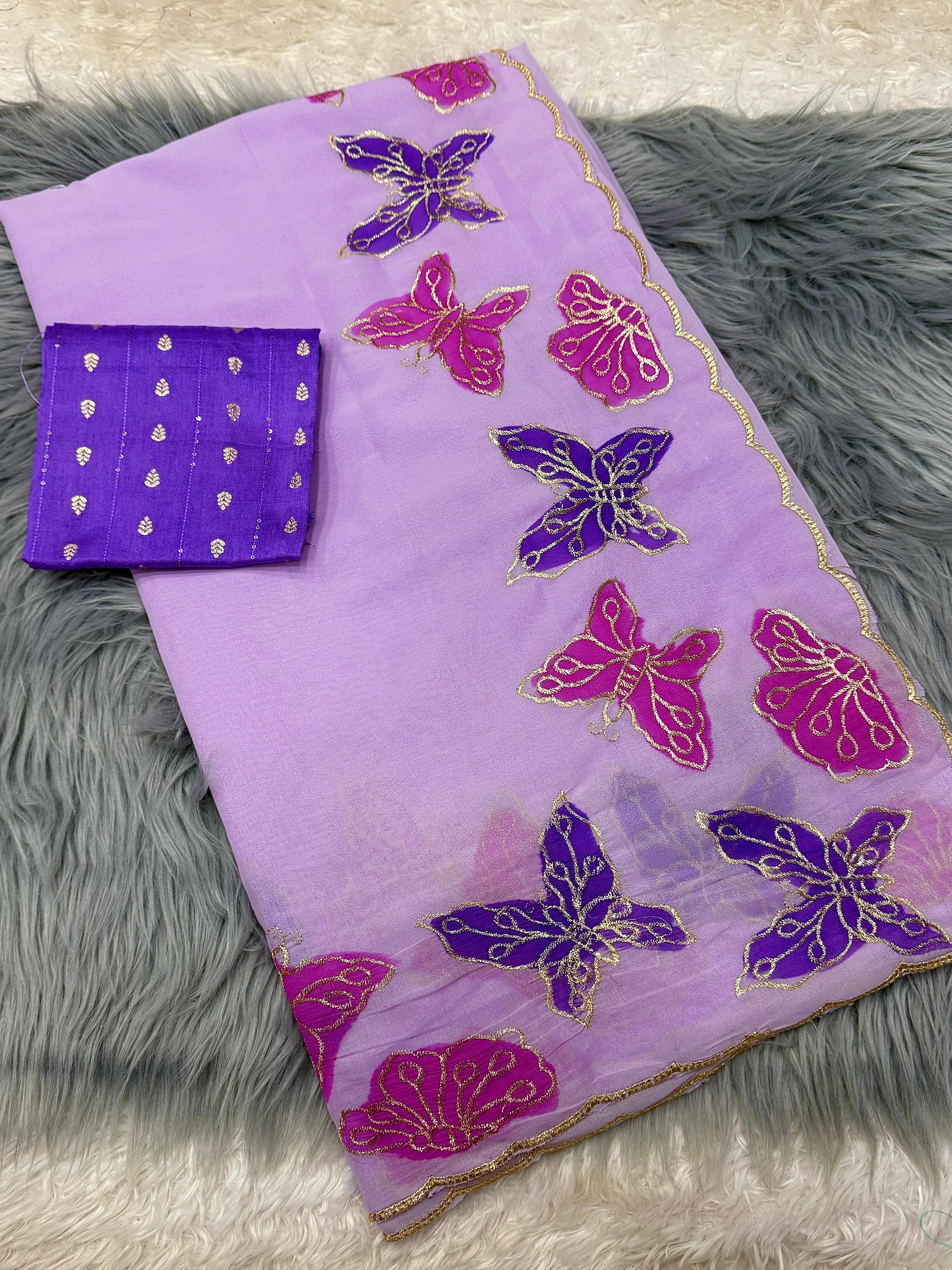 Lavender fabric with butterfly patterns on a textured surface