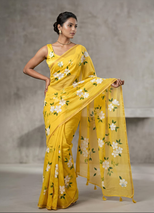 Woman wearing a yellow saree with floral patterns against a neutral background