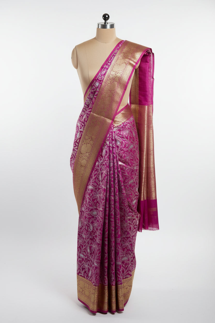 Pink saree with white floral patterns and gold border on a green and red checkered background