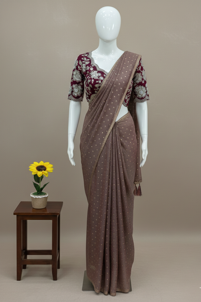 Mannequin wearing a brown saree with a white background