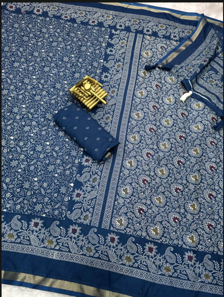 Blue patterned fabric with a gold item on top