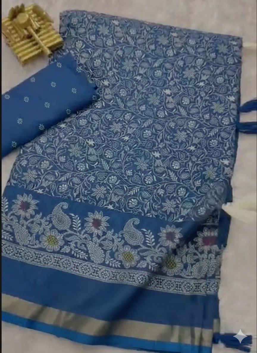 Blue saree with white floral patterns on a white background