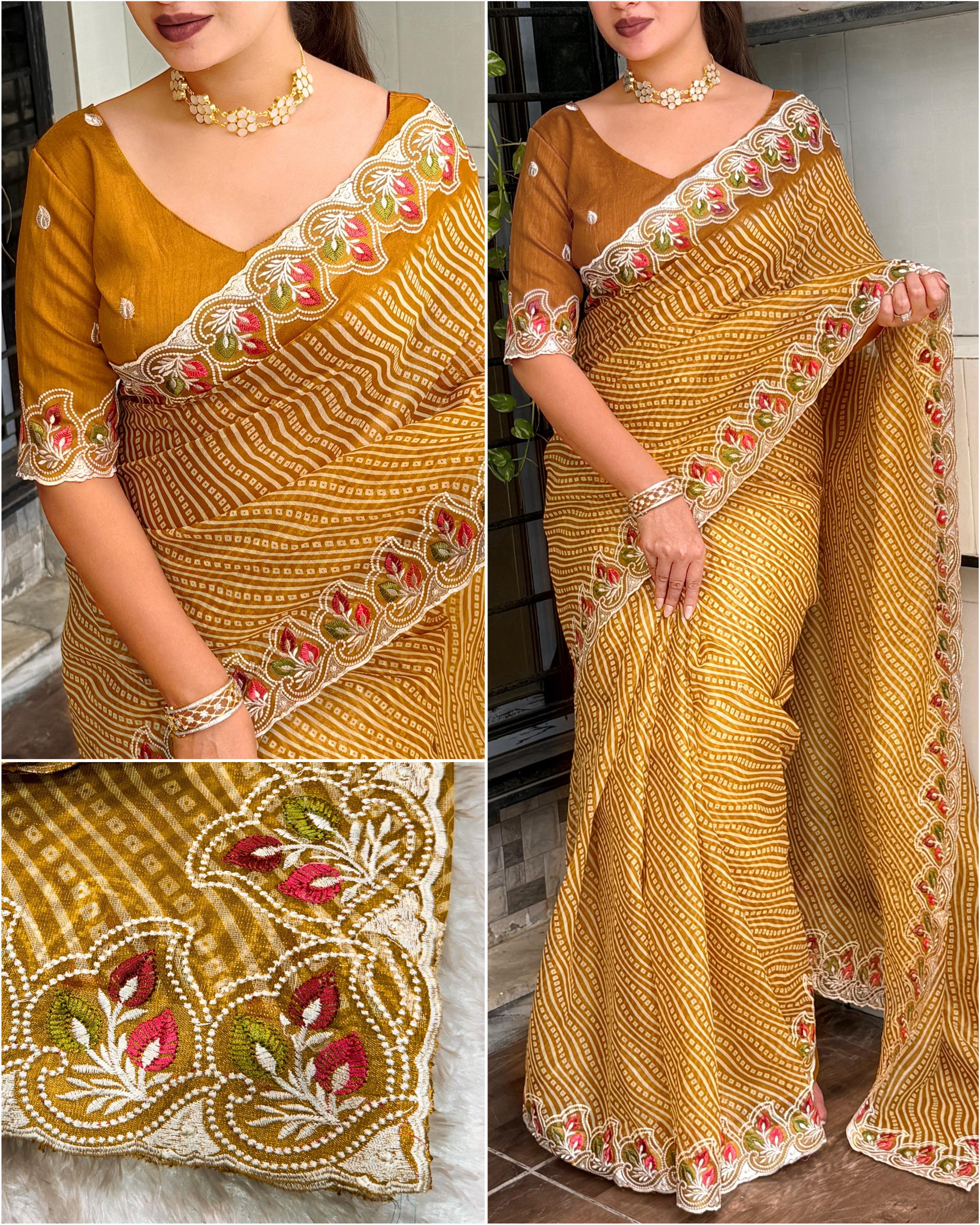 Yellow saree with floral patterns worn by a model, displayed in multiple angles.
