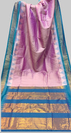 Collage of a purple and blue saree with gold stripes on a white background.