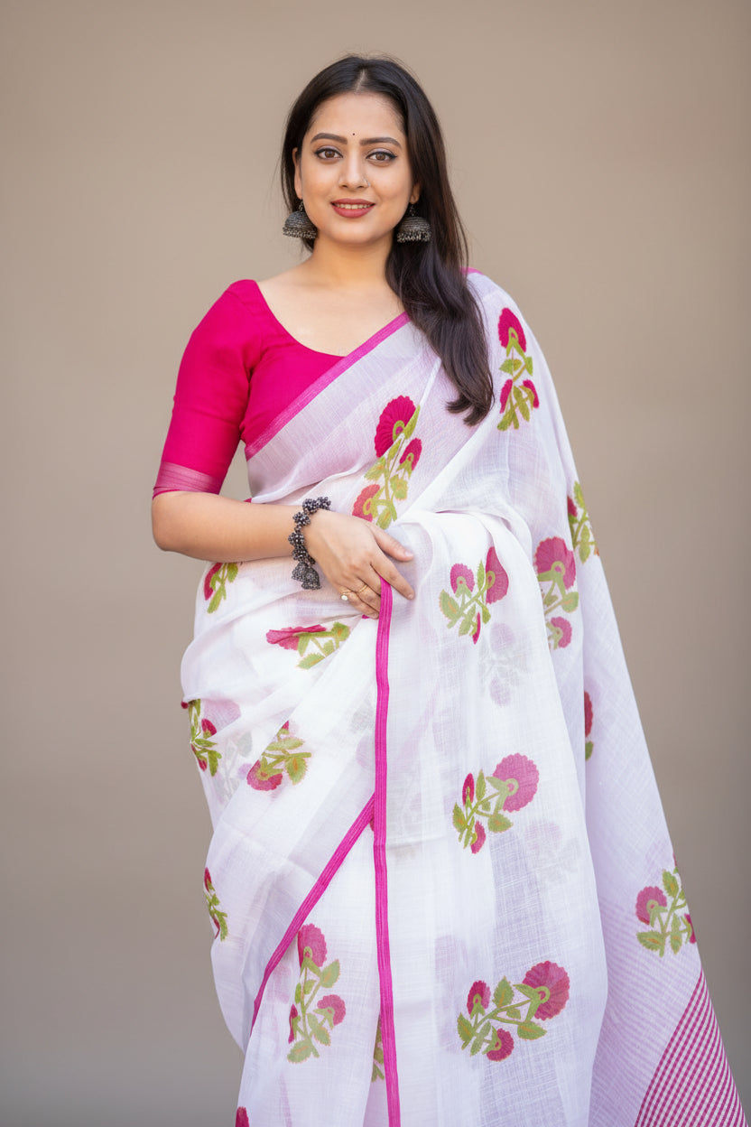 Woman wearing a white saree with pink and green floral patterns in an outdoor setting.