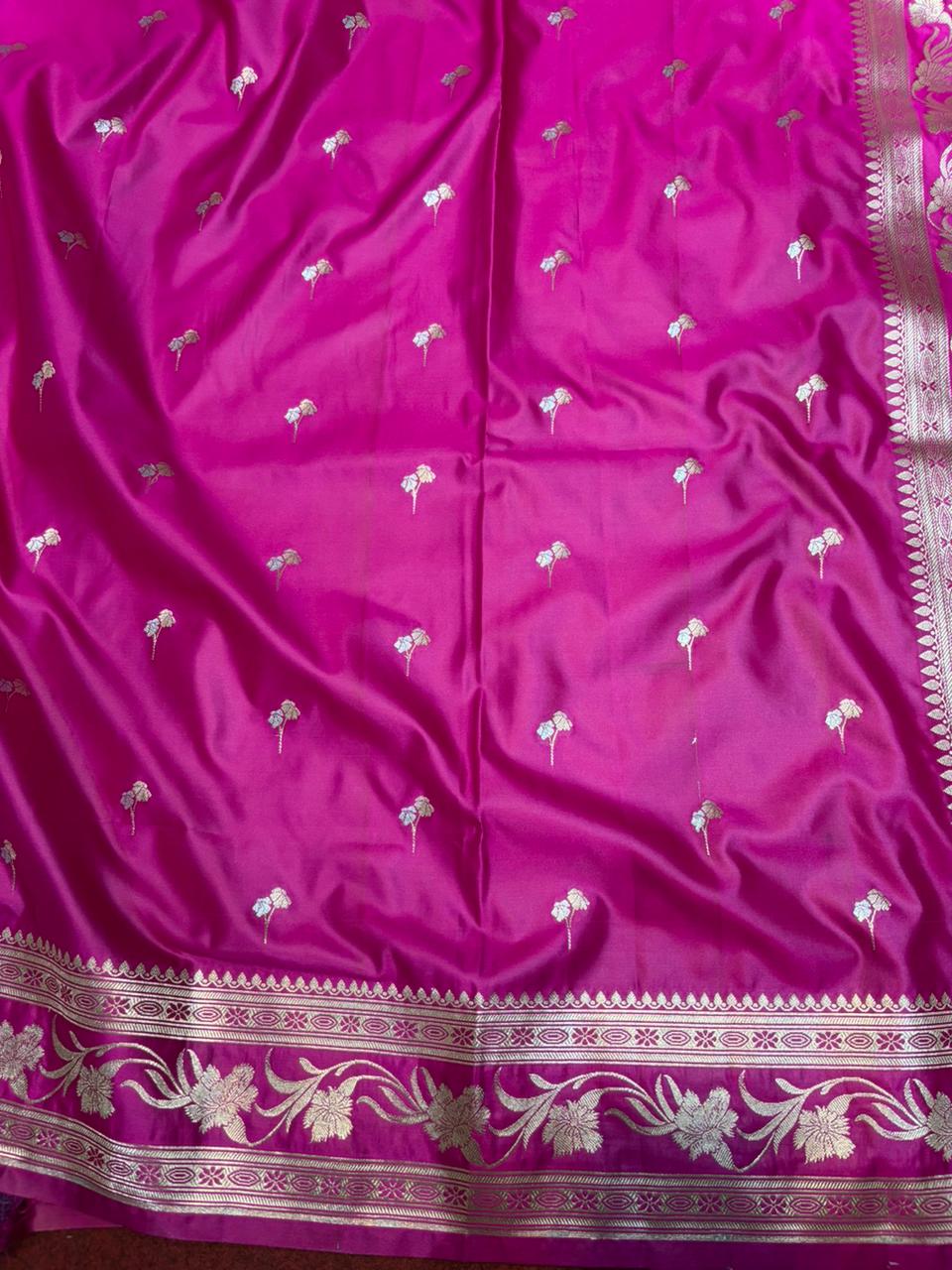 Purple saree with silver floral patterns and border