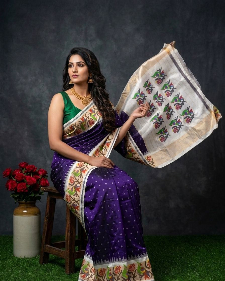 Woman in a traditional saree holding a piece of fabric with floral patterns against a dark background.