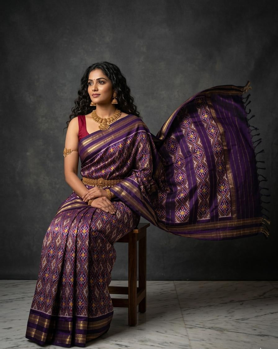 Woman in a purple saree with gold patterns sitting on a chair against a gray background