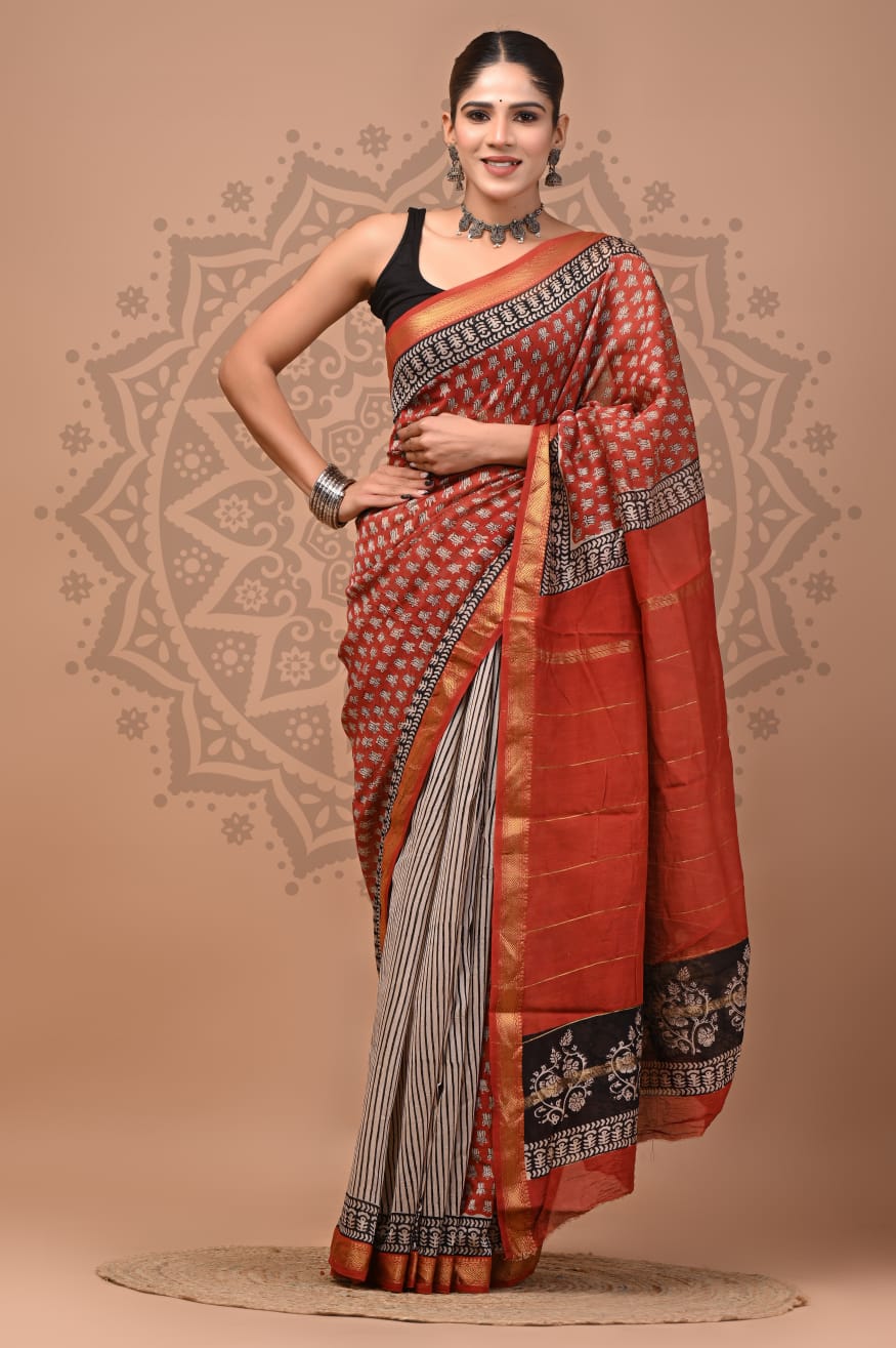 Woman wearing a traditional saree with a decorative background