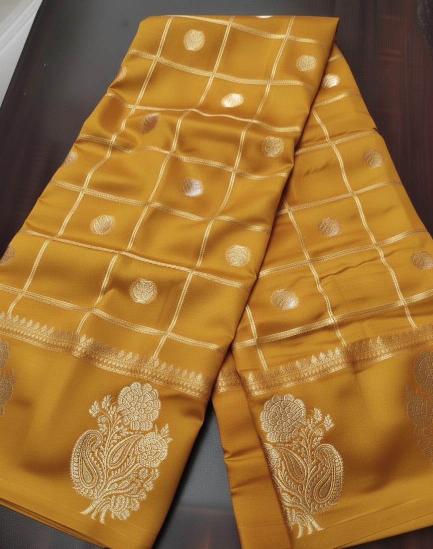 Yellow fabric with gold embroidery on a dark surface