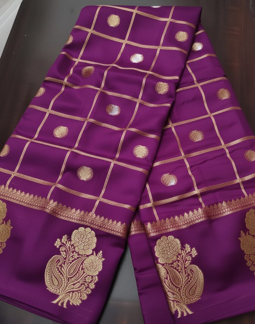 Purple fabric with gold patterns on a dark surface
