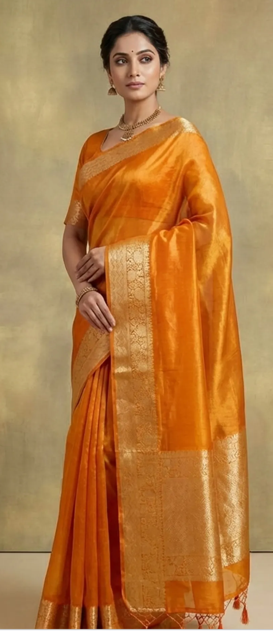 A woman modeling a bright orange silk saree with a wide gold zari border and pallu, standing against a textured beige studio backdrop.