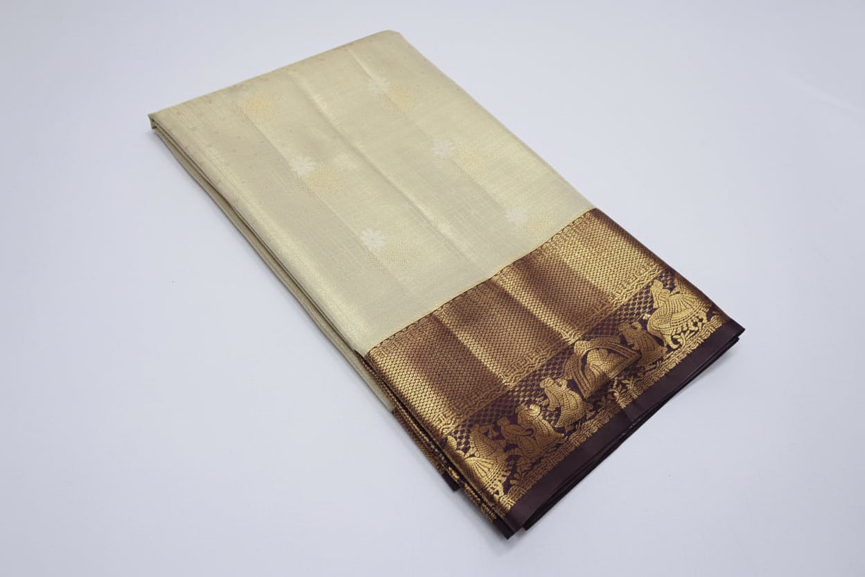 Beige saree with brown border on a light gray surface, accompanied by a small potted plant with yellow flowers.