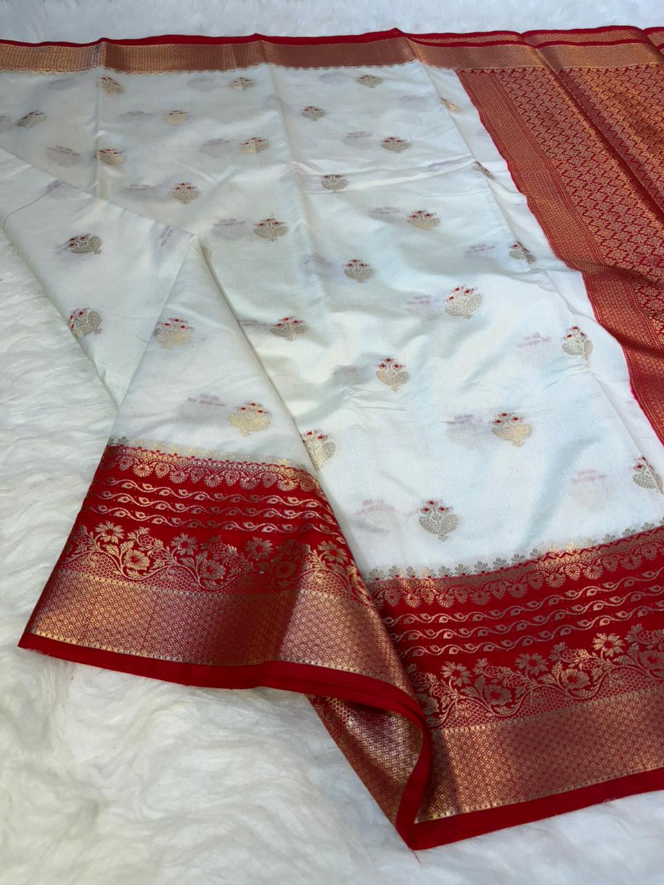 White saree with red border and intricate patterns on a white background