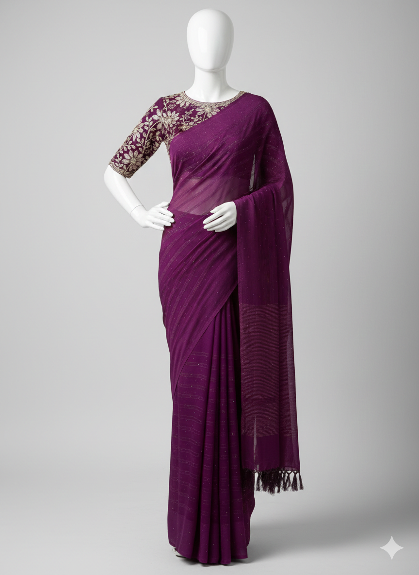 Purple saree with floral blouse on a mannequin against a gray background