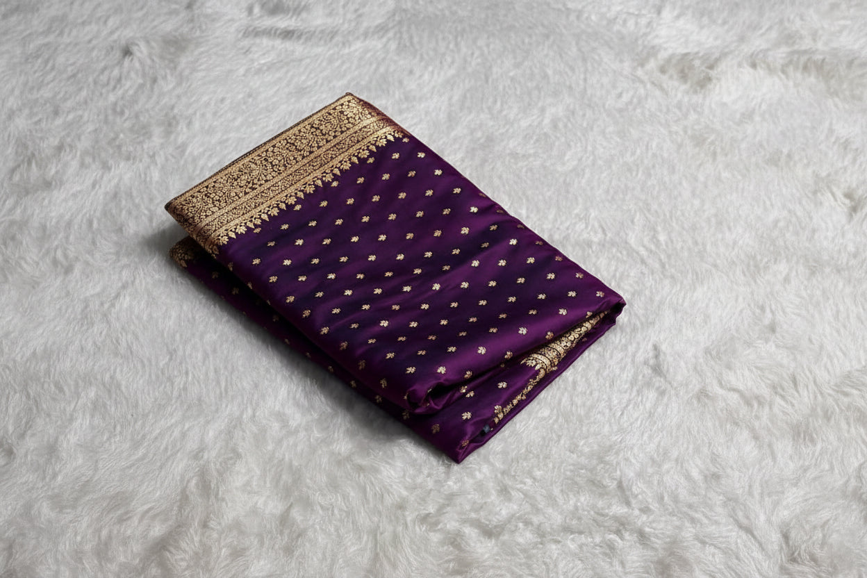 Purple saree with gold patterns on a white surface, Zara box in the background