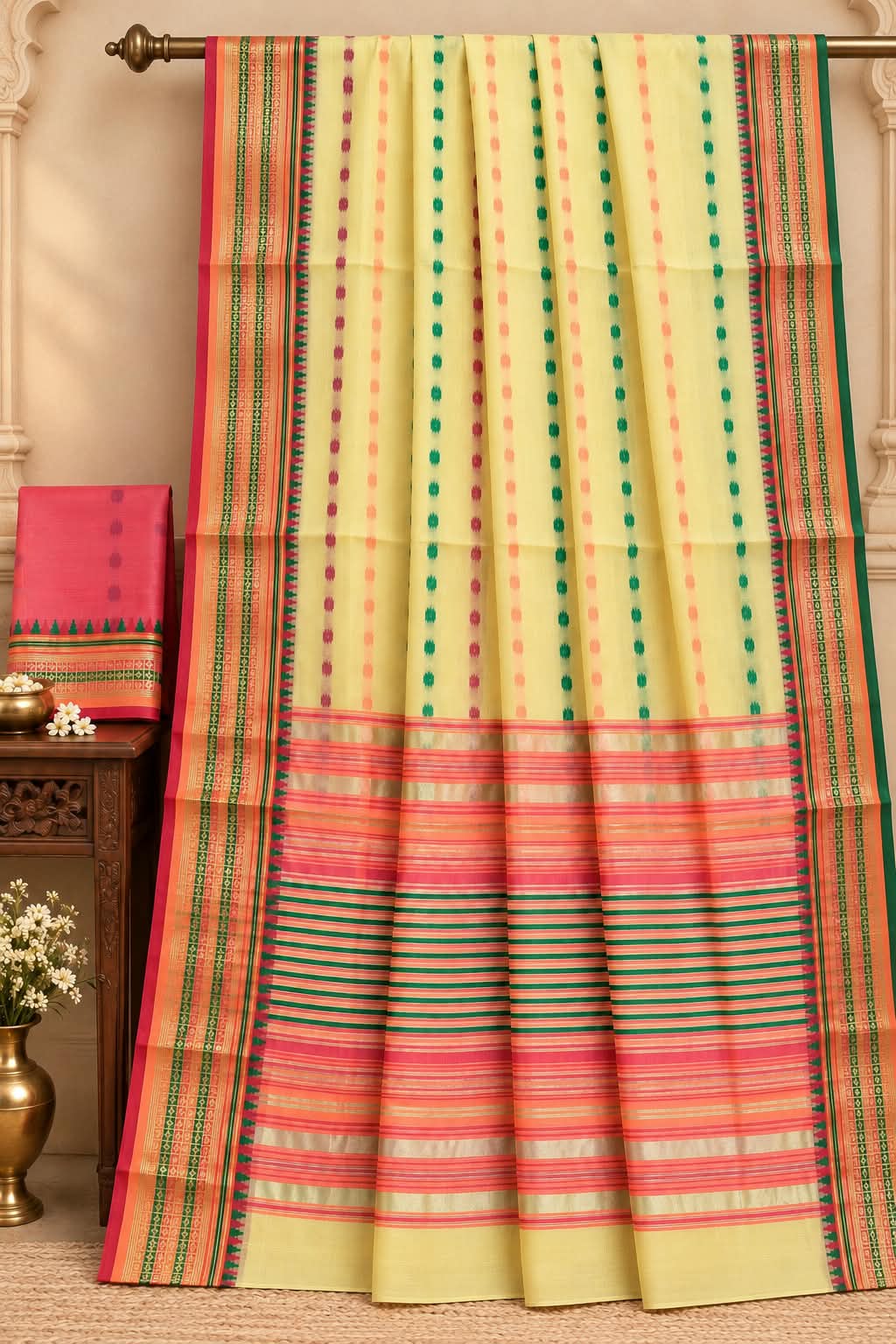 Premium yellow cotton saree with multicoloured vertical motifs, pink and green decorative borders, a contrasting pink striped pallu and matching blouse piece.