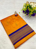 Orange saree with brown and blue border on a white background