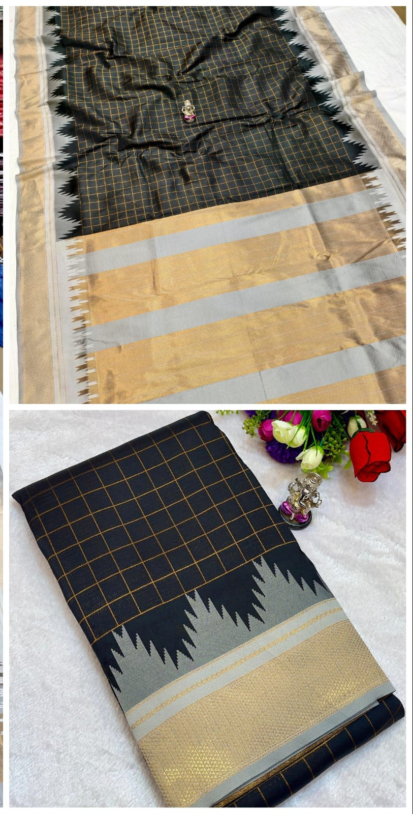 Collage of a black and gold saree with a checkered pattern, displayed in various angles.