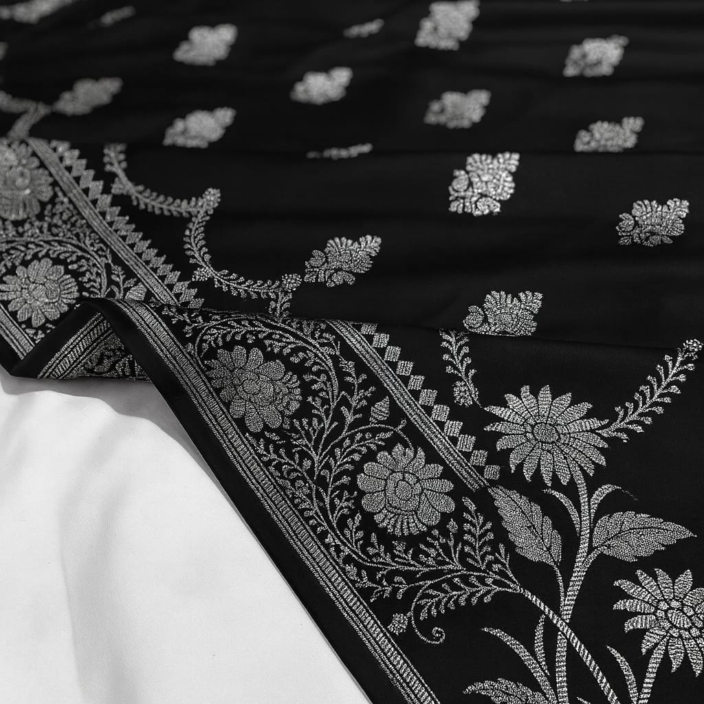 Black fabric with silver floral embroidery on a white background