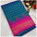 Collage of a blue and pink saree with a grid pattern, displayed in a store setting.