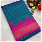 Collage of a blue and pink saree with a grid pattern, displayed in a store setting.