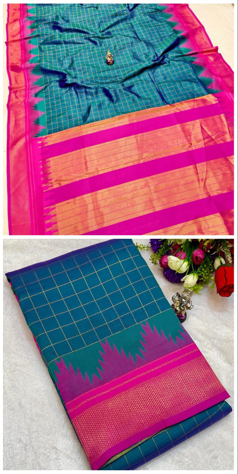 Collage of a blue and pink saree with a grid pattern, displayed in a store setting.
