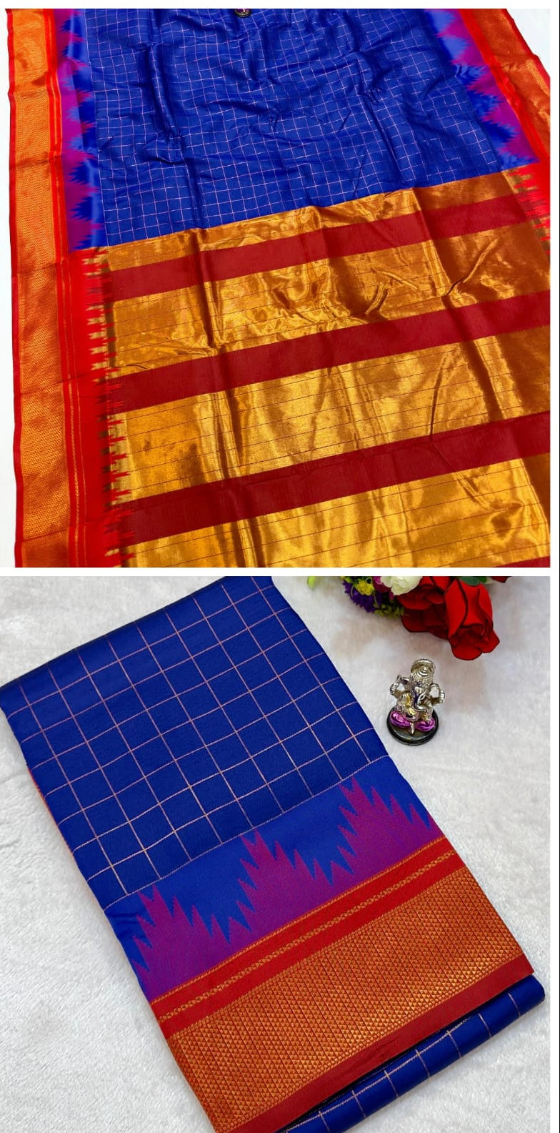 Collage of a blue and orange saree with intricate patterns.