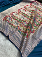 Colorful patterned fabric with intricate designs on a blue background