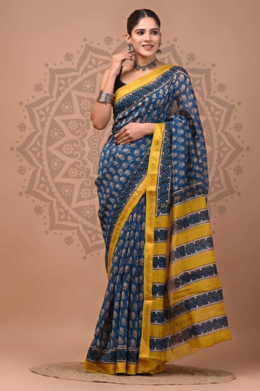 Woman wearing a blue and yellow saree with a decorative background