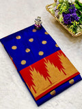 Blue and red saree with gold patterns on a white surface