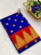 Blue and red saree with gold patterns on a white surface