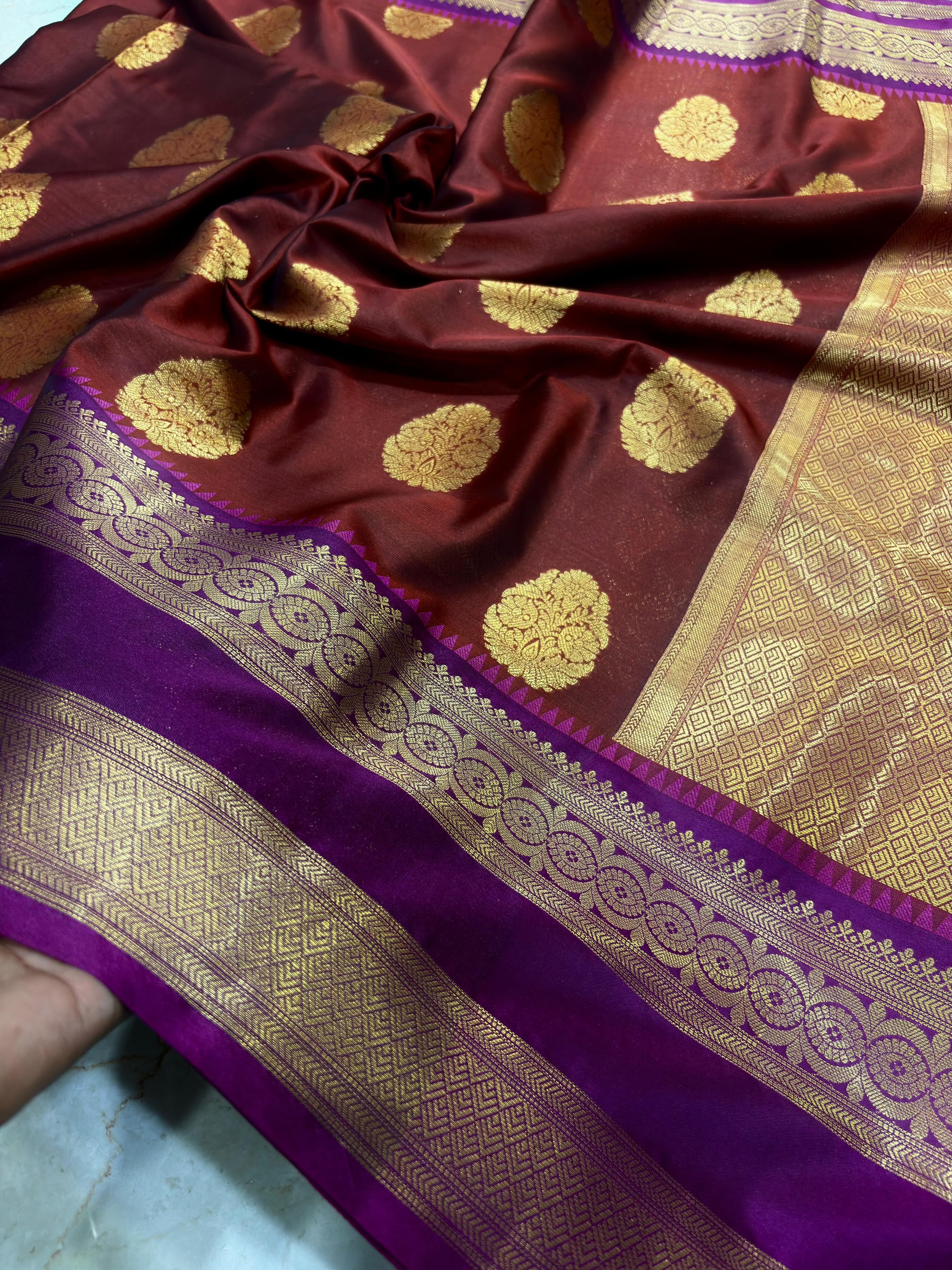 Brown and purple saree with gold patterns