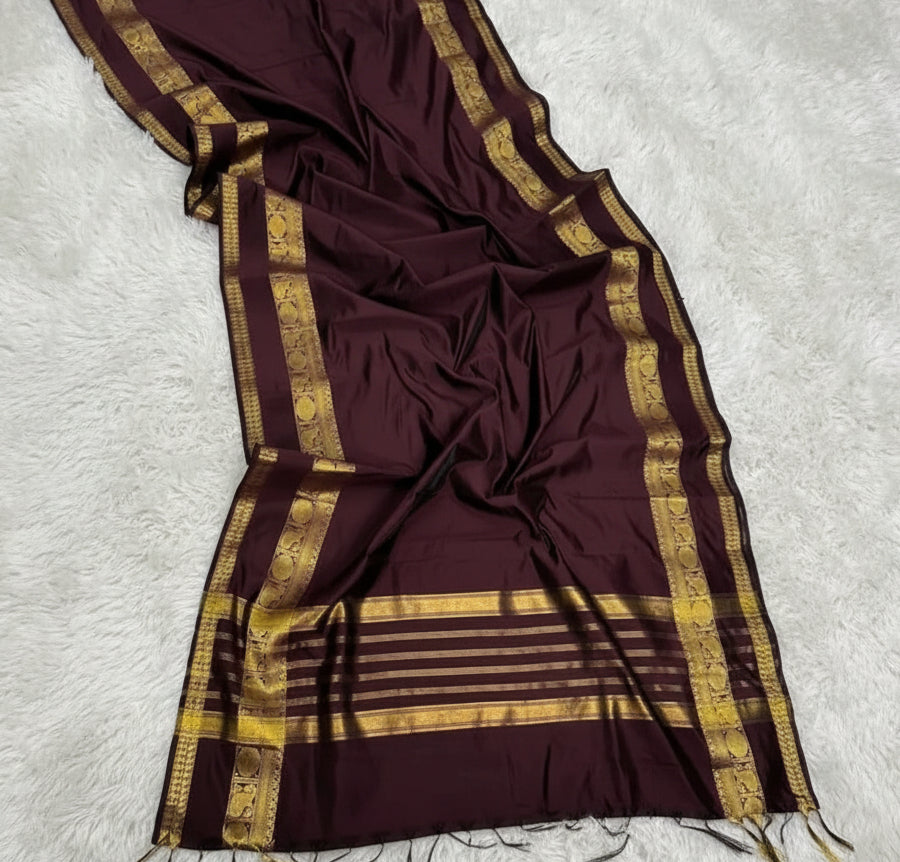 Maroon saree with gold border on a tiled floor