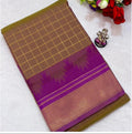 Collage of a purple and gold saree with a close-up detail on a white background.