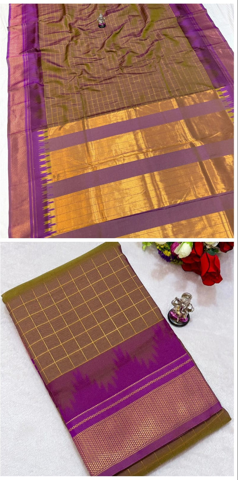 Collage of a purple and gold saree with a close-up detail on a white background.