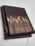 Brown saree with gold leaf patterns on a white background