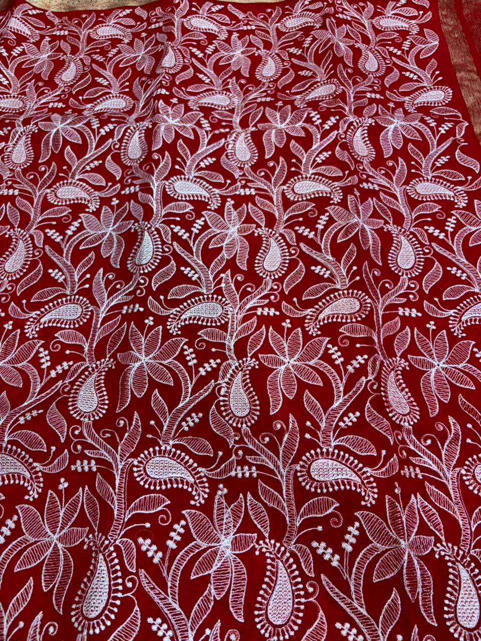 Red fabric with white floral pattern
