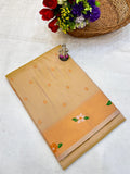 Beige saree with floral patterns on a white fabric background