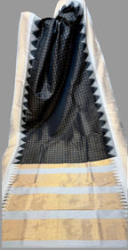 Collage of a black and gold saree with a checkered pattern, displayed in various angles.
