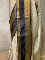 Traditional saree with gold and black border on a neutral background