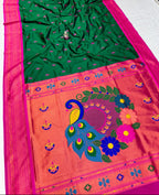 Colorful saree with floral and peacock design on a white background