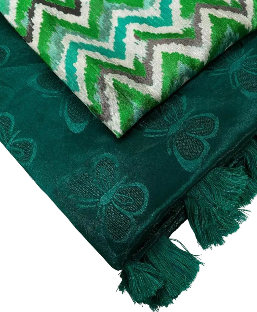 Two pieces of fabric with different patterns on a neutral background