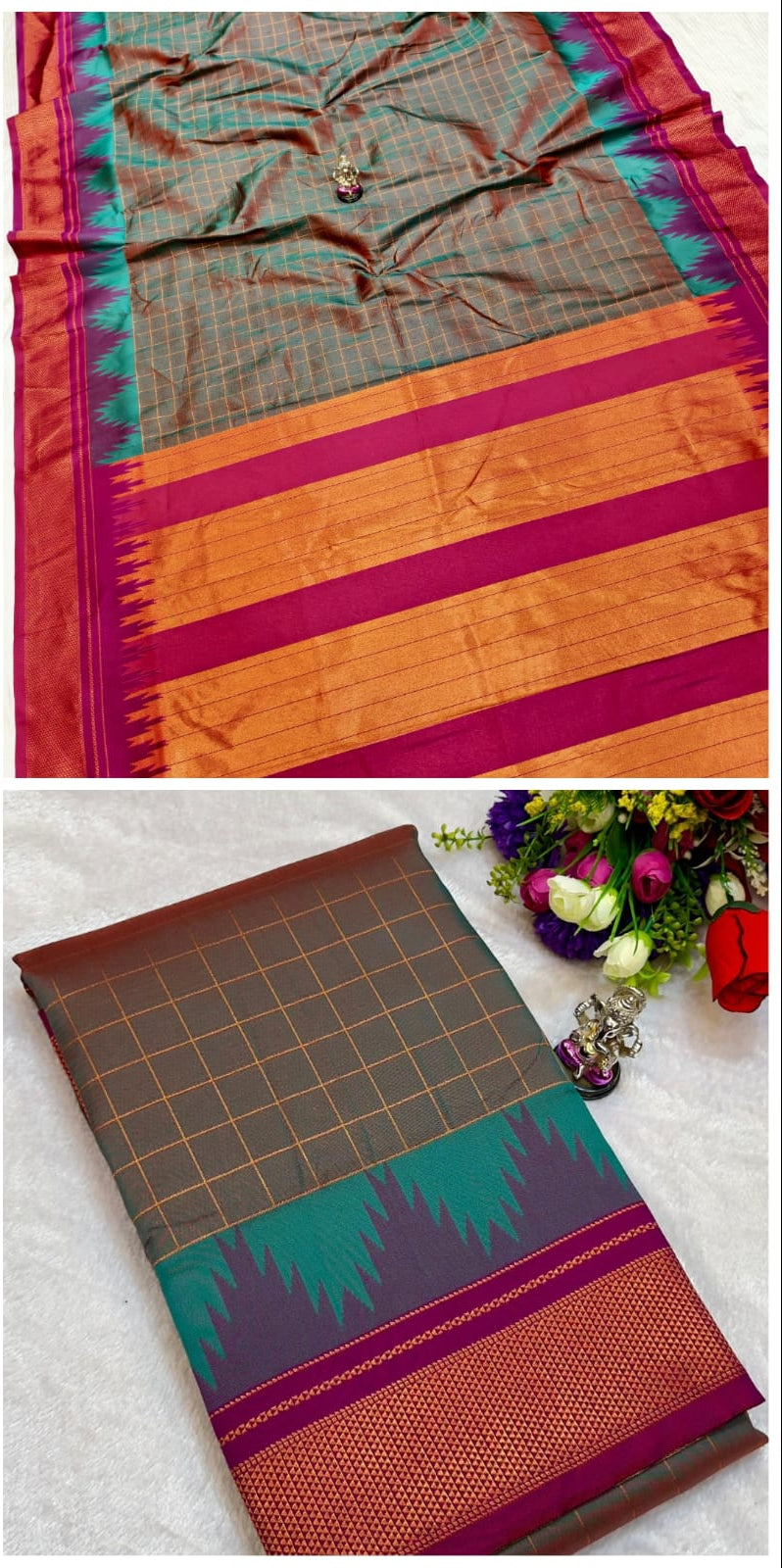 Collage of a saree with colorful stripes in orange, green, and purple.
