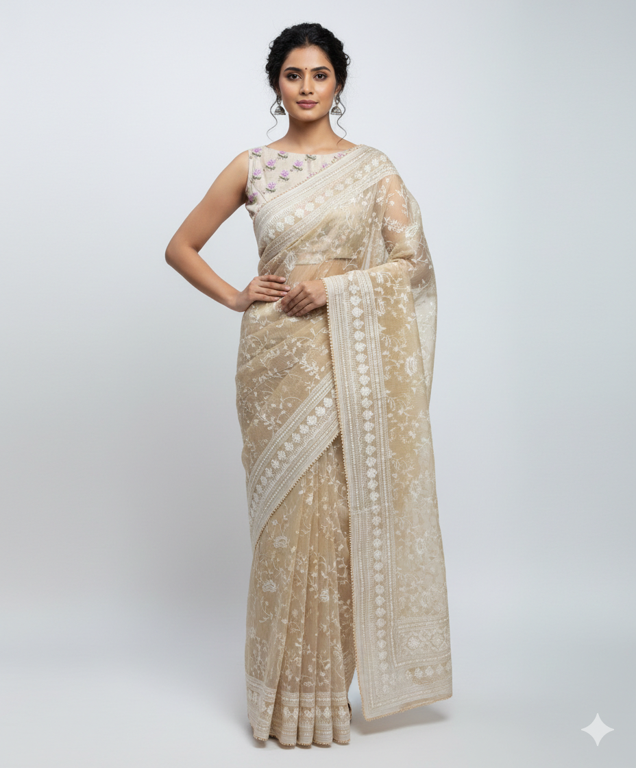 Woman wearing a beige saree with white patterns on a white background